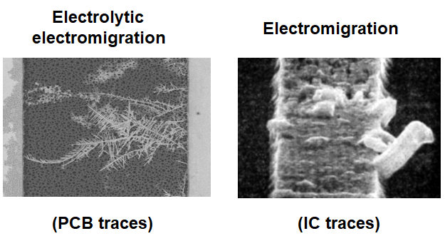 SEM图像比较了PCB和IC中的电迁移