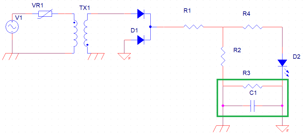 绿色框中的电路可用于检查接地不连续的系统中的电阻和电容耦合