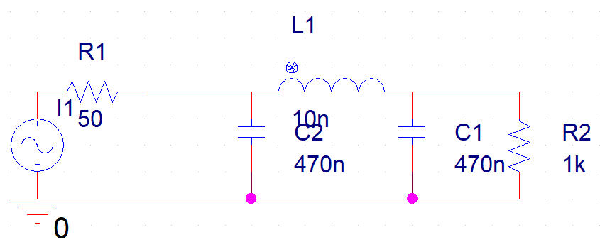 具有50 Ohm输出阻抗的FM源连接到Pi滤波器和下游负载（R2）